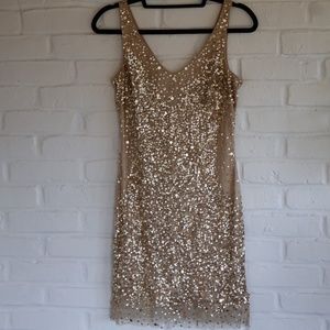 ADRIANNA PAPELL MIDI GOLD SEQUIN DRESS